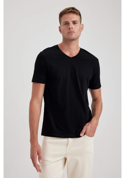 %100 Pamuk Slim Fit Dar Kesim V Yaka Kısa Kollu Tişört B0646AXNS