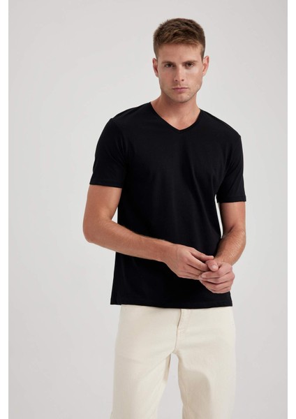 %100 Pamuk Slim Fit Dar Kesim V Yaka Kısa Kollu Tişört B0646AXNS