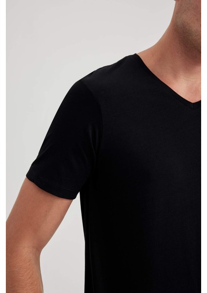 %100 Pamuk Slim Fit Dar Kesim V Yaka Kısa Kollu Tişört B0646AXNS