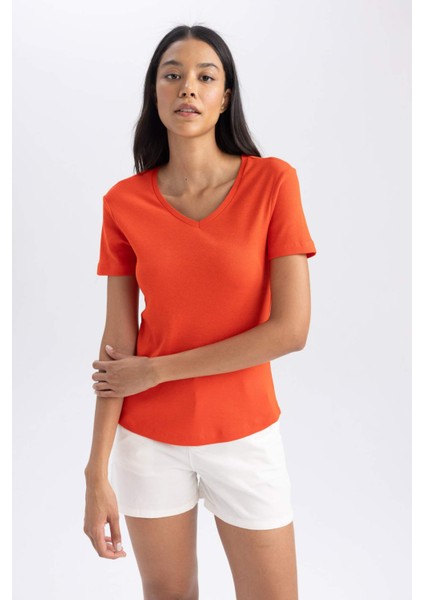 Slim Fit Dar Kesim Ribana Kısa Kollu Tişört B0647AXNS