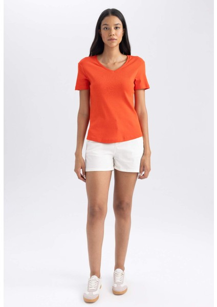 Slim Fit Dar Kesim Ribana Kısa Kollu Tişört B0647AXNS