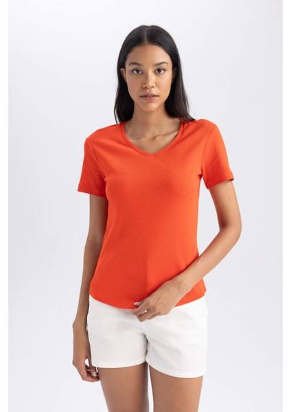 Slim Fit Dar Kesim Ribana Kısa Kollu Tişört B0647AXNS