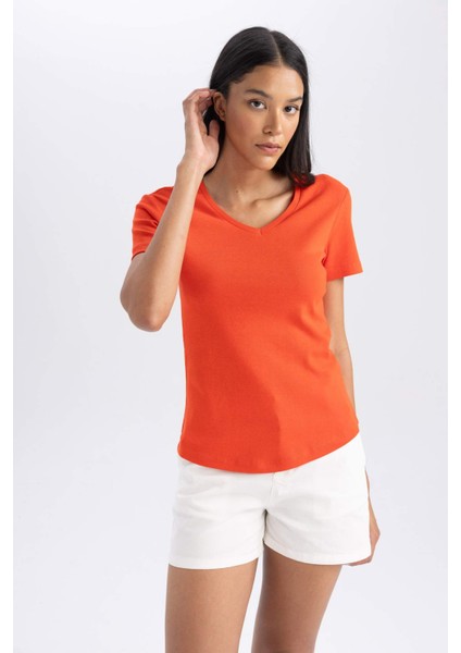 Slim Fit Dar Kesim Ribana Kısa Kollu Tişört B0647AXNS