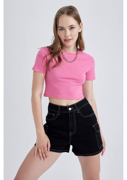 Kadın Pembe Fitted Bisiklet Yaka Düz Basic Pamuklu Kısa Kollu Tişört B0688AXNS