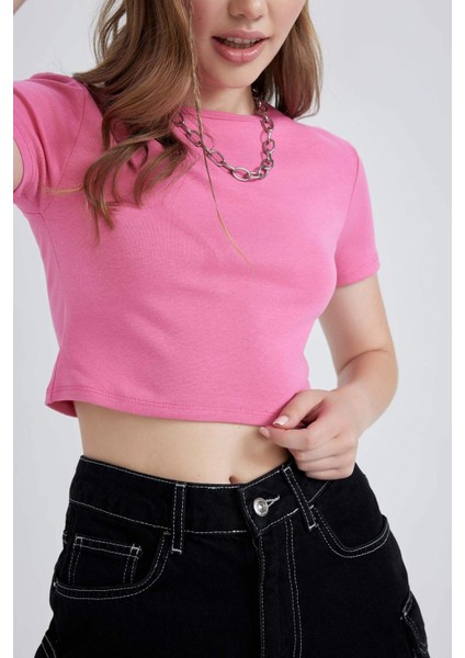 Kadın Pembe Fitted Bisiklet Yaka Düz Basic Pamuklu Kısa Kollu Tişört B0688AXNS
