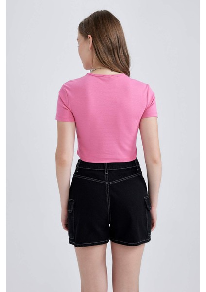 Kadın Pembe Fitted Bisiklet Yaka Düz Basic Pamuklu Kısa Kollu Tişört B0688AXNS