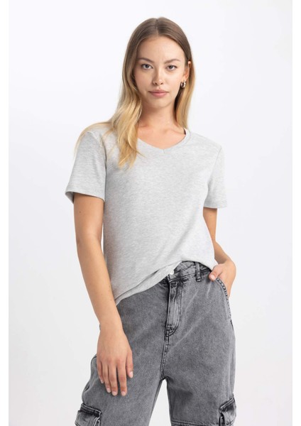 Slim Fit Dar Kesim Ribana Kısa Kollu Tişört B0647AXNS