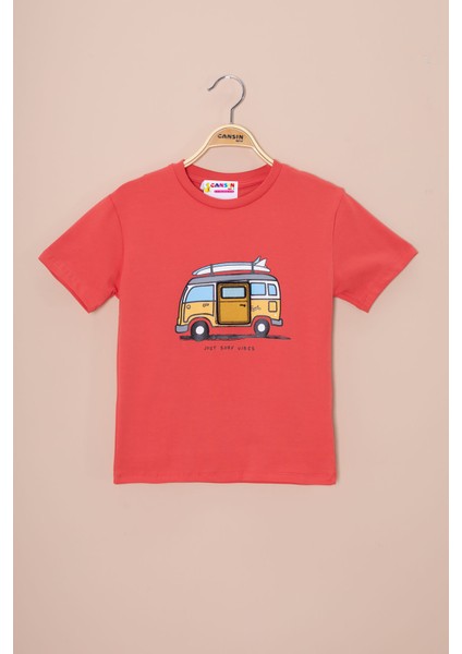 Kiremit Araba Baskılı Nakış Detaylı Erkek Çocuk Bisiklet Yaka Tişört 20954