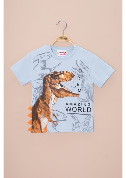 Mavi Dinozor Baskılı Bisiklet Yaka Erkek Bebek Tişört 20950