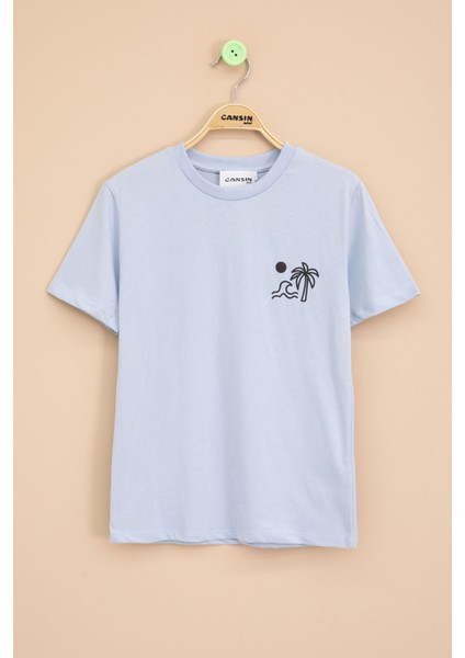 Mavi Palmiye Baskılı Sırtı Yazılı Erkek Çocuk Kısa Kol Tişört 20927