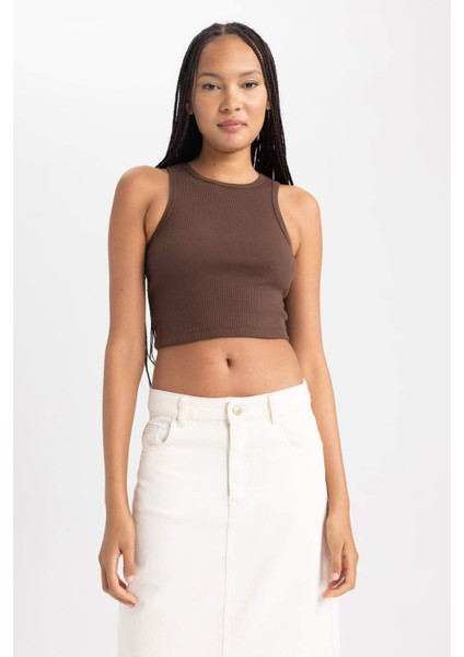 Kadın Kahverengi Fitted Halter Yaka Düz Basic Pamuklu Atlet B0658AXNS