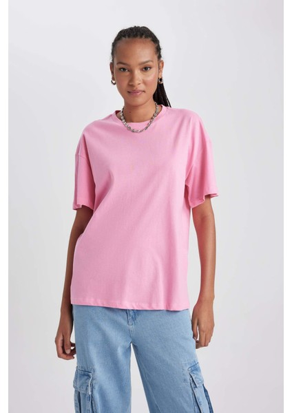 Kadın Pembe Oversize Fit Geniş Kesim Bisiklet Yaka Basic Düz %100 Pamuk Kısa Kollu Tişört B0648AXNS