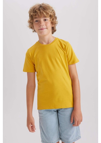 Erkek Çocuk Sarı Regular Fit Düz Kesim Bisiklet Yaka Basic Düz %100 Pamuk Kısa Kollu Tişört B0667A8NS