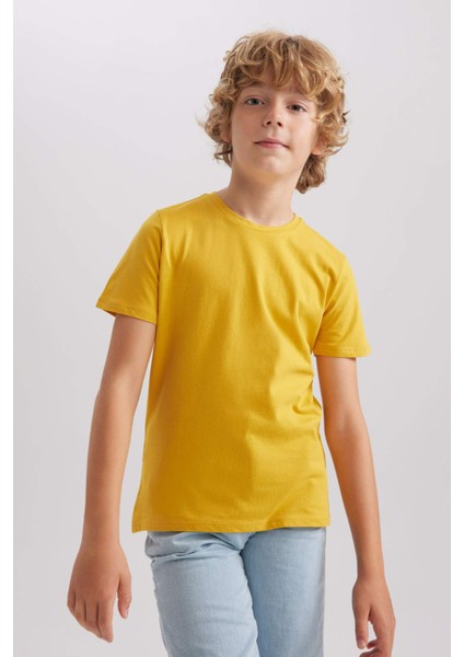 Erkek Çocuk Sarı Regular Fit Düz Kesim Bisiklet Yaka Basic Düz %100 Pamuk Kısa Kollu Tişört B0667A8NS