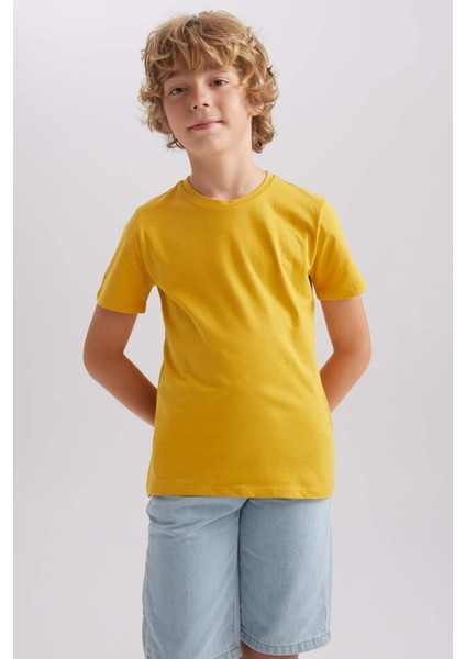 Erkek Çocuk Sarı Regular Fit Düz Kesim Bisiklet Yaka Basic Düz %100 Pamuk Kısa Kollu Tişört B0667A8NS