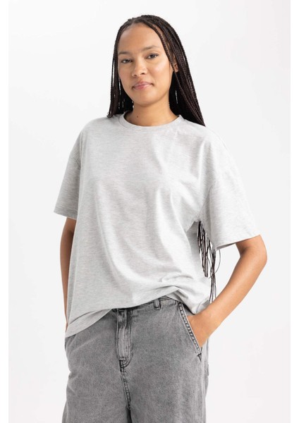 Kadın Gri Oversize Fit Geniş Kesim Bisiklet Yaka Basic Düz %100 Pamuk Kısa Kollu Tişört B0648AXNS