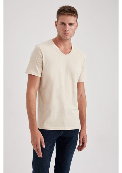 %100 Pamuk Slim Fit Dar Kesim V Yaka Kısa Kollu Tişört B0646AXNS