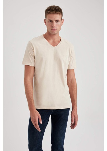 %100 Pamuk Slim Fit Dar Kesim V Yaka Kısa Kollu Tişört B0646AXNS