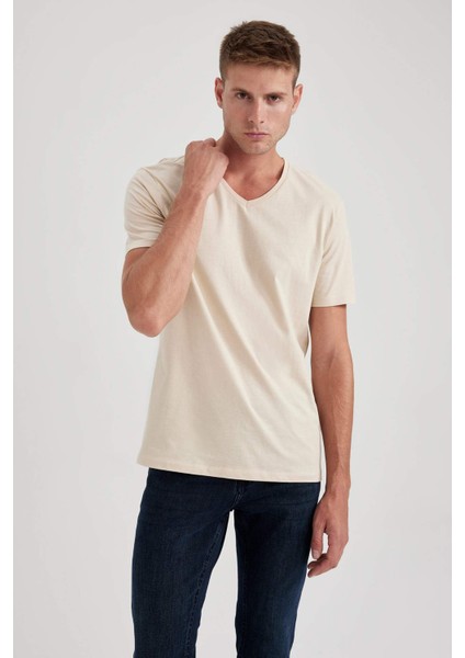 %100 Pamuk Slim Fit Dar Kesim V Yaka Kısa Kollu Tişört B0646AXNS