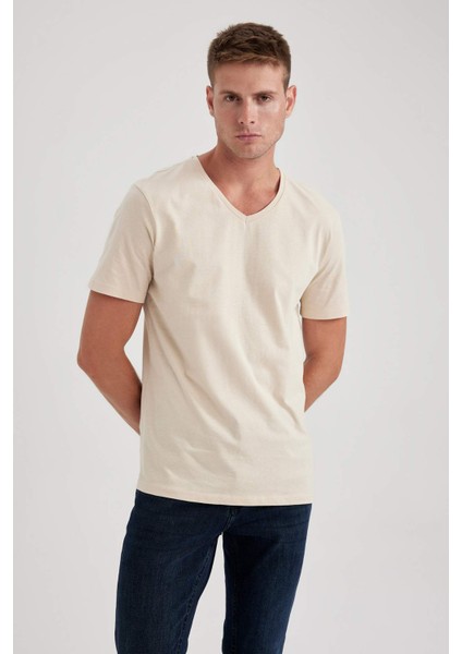 %100 Pamuk Slim Fit Dar Kesim V Yaka Kısa Kollu Tişört B0646AXNS