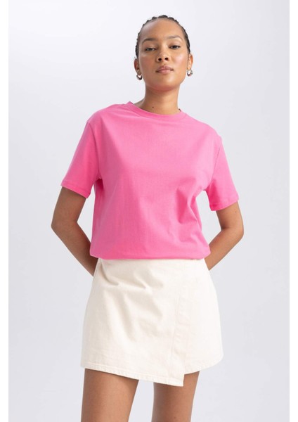 Kadın Pembe Regular Fit Düz Kesim Bisiklet Yaka Düz Basic %100 Pamuk Kısa Kollu Tişört B0642AXNS