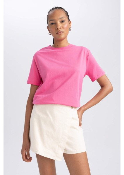 Kadın Pembe Regular Fit Düz Kesim Bisiklet Yaka Düz Basic %100 Pamuk Kısa Kollu Tişört B0642AXNS