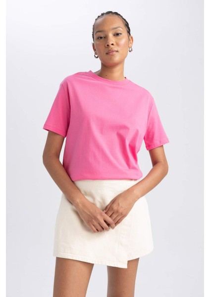 Kadın Pembe Regular Fit Düz Kesim Bisiklet Yaka Düz Basic %100 Pamuk Kısa Kollu Tişört B0642AXNS