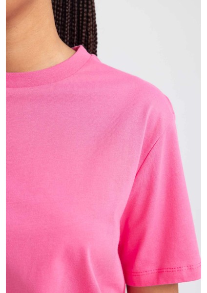 Kadın Pembe Regular Fit Düz Kesim Bisiklet Yaka Düz Basic %100 Pamuk Kısa Kollu Tişört B0642AXNS