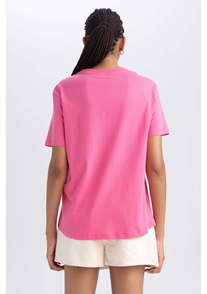 Kadın Pembe Regular Fit Düz Kesim Bisiklet Yaka Düz Basic %100 Pamuk Kısa Kollu Tişört B0642AXNS