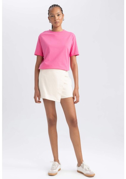 Kadın Pembe Regular Fit Düz Kesim Bisiklet Yaka Düz Basic %100 Pamuk Kısa Kollu Tişört B0642AXNS