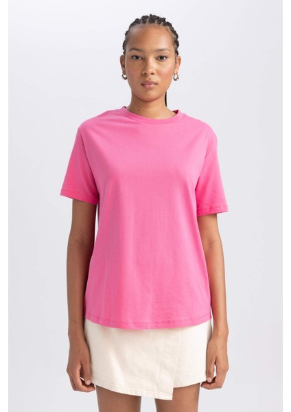 Kadın Pembe Regular Fit Düz Kesim Bisiklet Yaka Düz Basic %100 Pamuk Kısa Kollu Tişört B0642AXNS