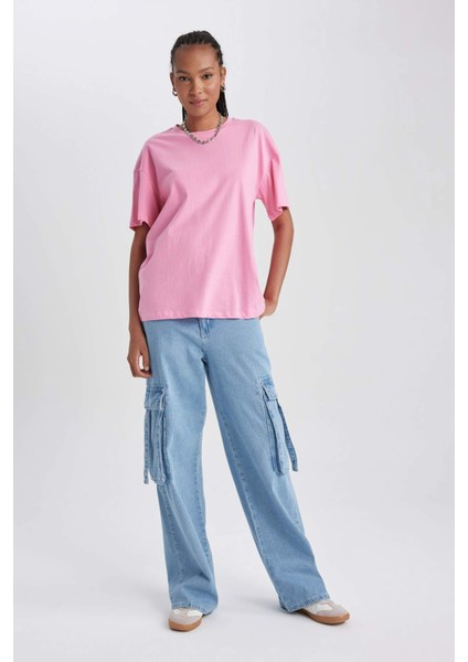 Kadın Pembe Oversize Fit Geniş Kesim Bisiklet Yaka Basic Düz %100 Pamuk Kısa Kollu Tişört B0648AXNS