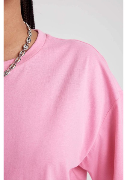 Kadın Pembe Oversize Fit Geniş Kesim Bisiklet Yaka Basic Düz %100 Pamuk Kısa Kollu Tişört B0648AXNS