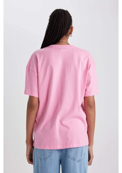 Kadın Pembe Oversize Fit Geniş Kesim Bisiklet Yaka Basic Düz %100 Pamuk Kısa Kollu Tişört B0648AXNS