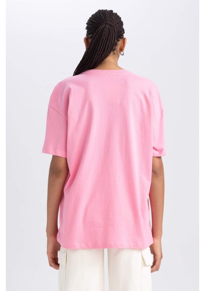 Kadın Pembe Oversize Fit Geniş Kesim Bisiklet Yaka Basic Düz %100 Pamuk Kısa Kollu Tişört B0648AXNS