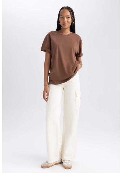 Kadın Kahverengi Oversize Fit Geniş Kesim Bisiklet Yaka Basic Düz %100 Pamuk Kısa Kollu Tişört B0648AXNS