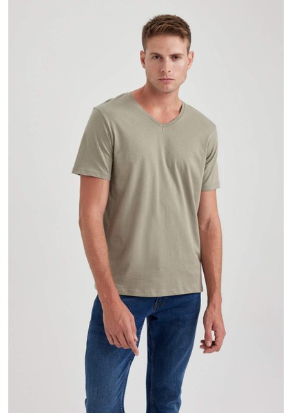%100 Pamuk Slim Fit Dar Kesim V Yaka Kısa Kollu Tişört B0646AXNS