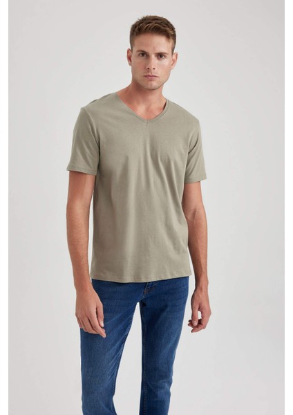 %100 Pamuk Slim Fit Dar Kesim V Yaka Kısa Kollu Tişört B0646AXNS