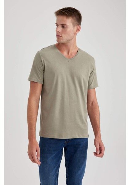 %100 Pamuk Slim Fit Dar Kesim V Yaka Kısa Kollu Tişört B0646AXNS