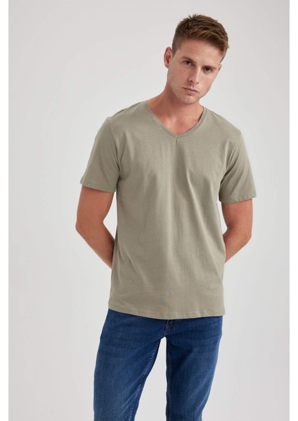 %100 Pamuk Slim Fit Dar Kesim V Yaka Kısa Kollu Tişört B0646AXNS