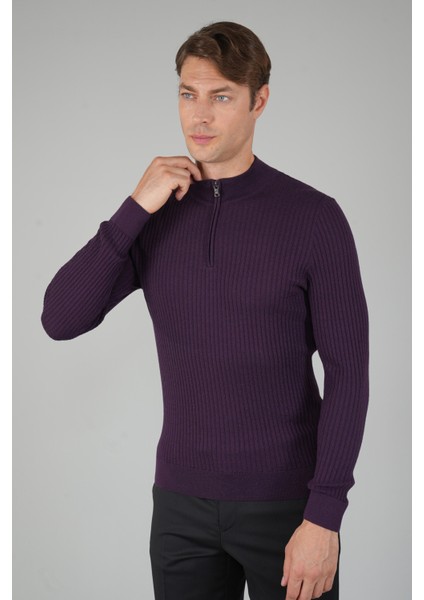 Mürdüm Yarım Balıkçı Fermuarlı Full Jakar Yün Erkek Triko TR23K23201_D23