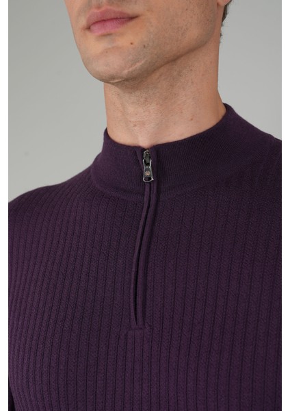 Mürdüm Yarım Balıkçı Fermuarlı Full Jakar Yün Erkek Triko TR23K23201_D23 modelleri