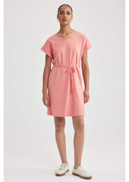 Kadın Kırmızı A Line A Kesim Bisiklet Yaka Düz Basic Penye %100 Pamuk Kısa Kollu Elbise B0655AXNS