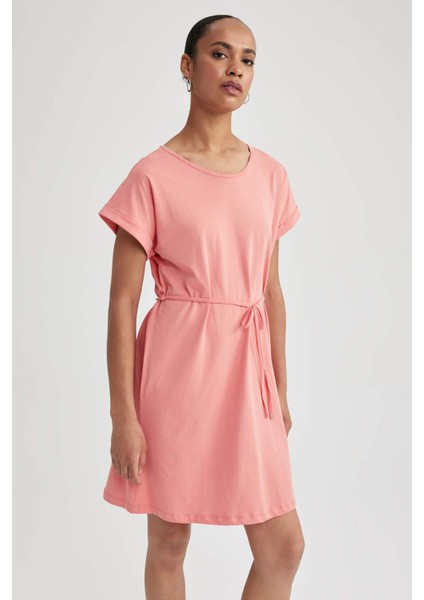 Kadın Kırmızı A Line A Kesim Bisiklet Yaka Düz Basic Penye %100 Pamuk Kısa Kollu Elbise B0655AXNS