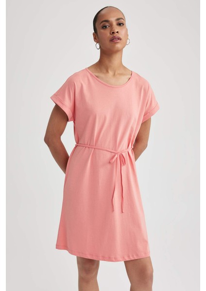 Kadın Kırmızı A Line A Kesim Bisiklet Yaka Düz Basic Penye %100 Pamuk Kısa Kollu Elbise B0655AXNS