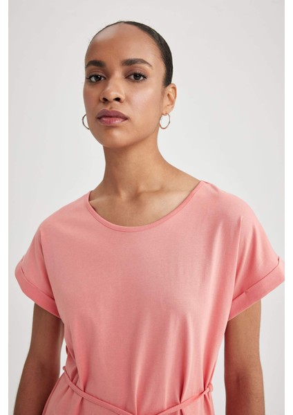 Kadın Kırmızı A Line A Kesim Bisiklet Yaka Düz Basic Penye %100 Pamuk Kısa Kollu Elbise B0655AXNS