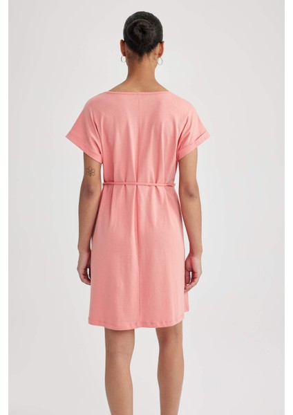 Kadın Kırmızı A Line A Kesim Bisiklet Yaka Düz Basic Penye %100 Pamuk Kısa Kollu Elbise B0655AXNS