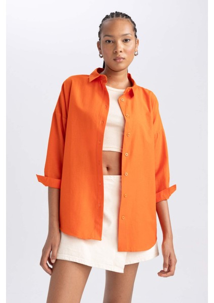 Kadın Turuncu Oversize Fit Geniş Kesim Gömlek Yaka Basic Düz Poplin Uzun Kollu Tunik B0659AXNS