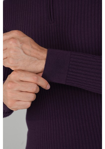 Mürdüm Yarım Balıkçı Fermuarlı Full Jakar Yün Erkek Triko TR23K23201_D23 fırsatları