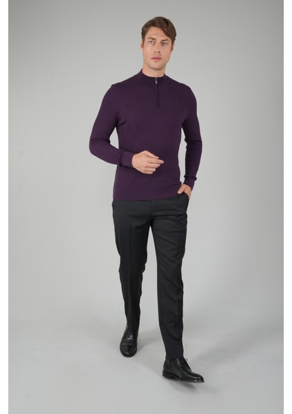 Mürdüm Yarım Balıkçı Fermuarlı Full Jakar Yün Erkek Triko TR23K23201_D23 indirimleri